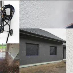 Kompozycja zdjęć przedstawiająca agregat do natrysku, fragment ściany z nałożoną strukturą, osobę natryskującą preparat na ścianę, ogrzewanie podłogowe w pomieszczeniu oraz dom z ocieploną elewacją.