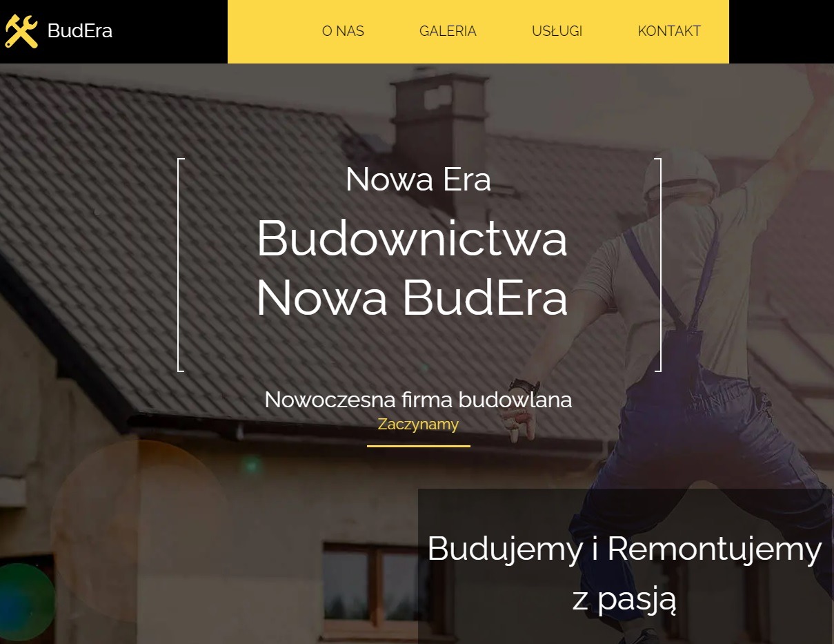 Strona internetowa firmy budowlanej BudEra z hasłem 'Budujemy i remontujemy z pasją', na tle domu z dachem i postacią w kombinezonie.