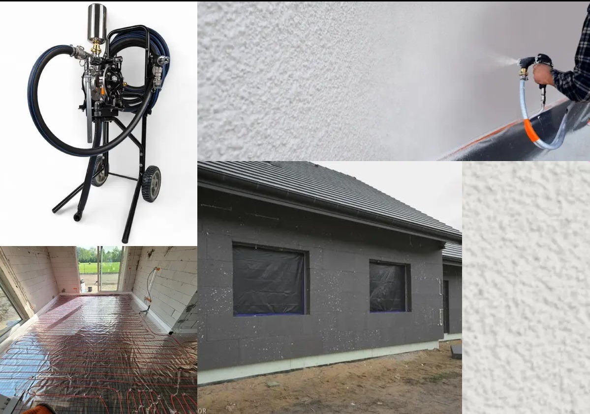 Kompozycja zdjęć przedstawiająca agregat do natrysku, fragment ściany z nałożoną strukturą, osobę natryskującą preparat na ścianę, ogrzewanie podłogowe w pomieszczeniu oraz dom z ocieploną elewacją.