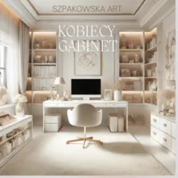 Jasny, elegancki gabinet w odcieniach bieli i beżu z biurkiem, krzesłem obrotowym, regałami z oświetleniem i dekoracjami, dywanem z długim włosiem oraz abstrakcyjnym obrazem na ścianie.