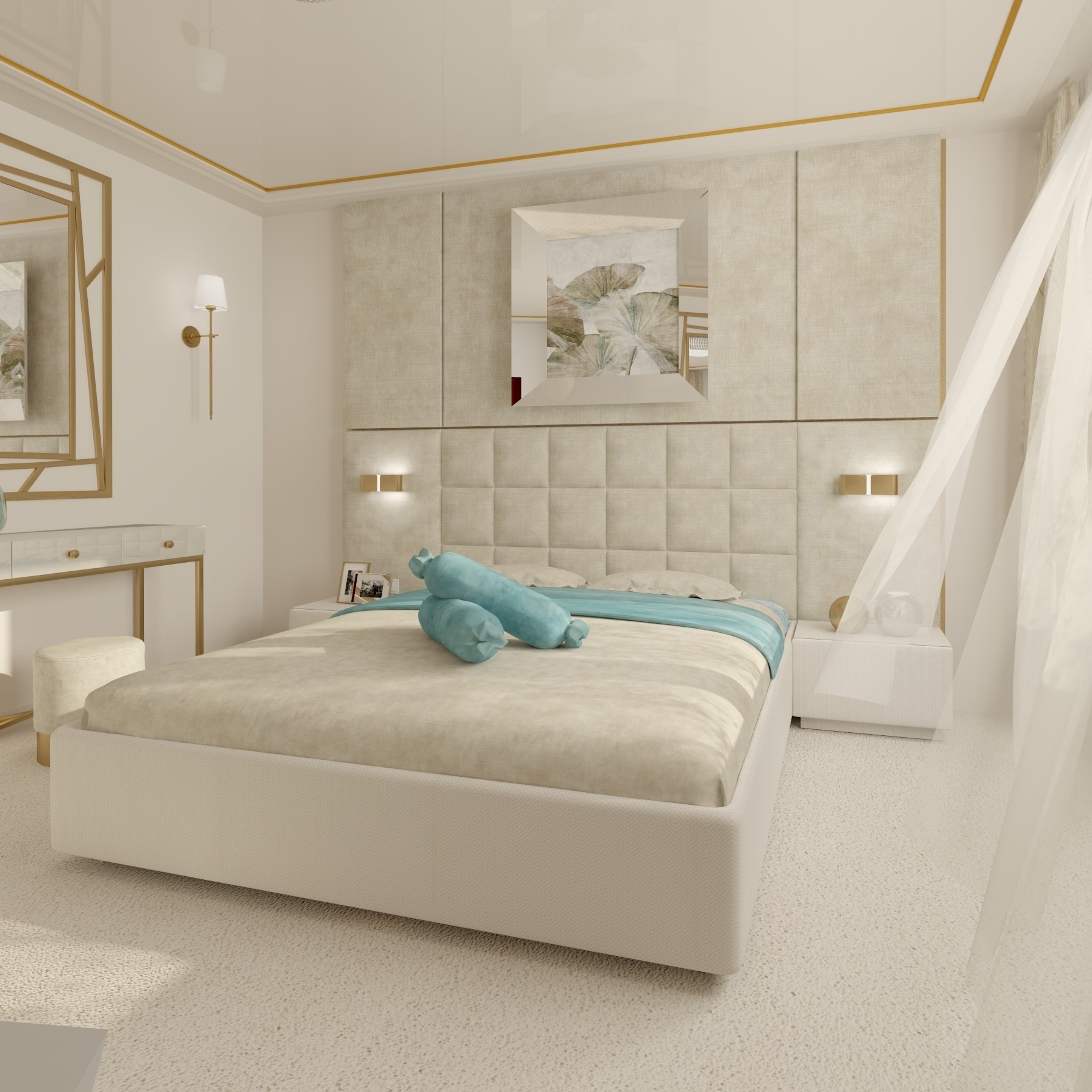 Jasna sypialnia z tapicerowanym zagłówkiem w kwadraty, toaletką z lustrem w złotej ramie i turkusowymi poduszkami na łóżku.