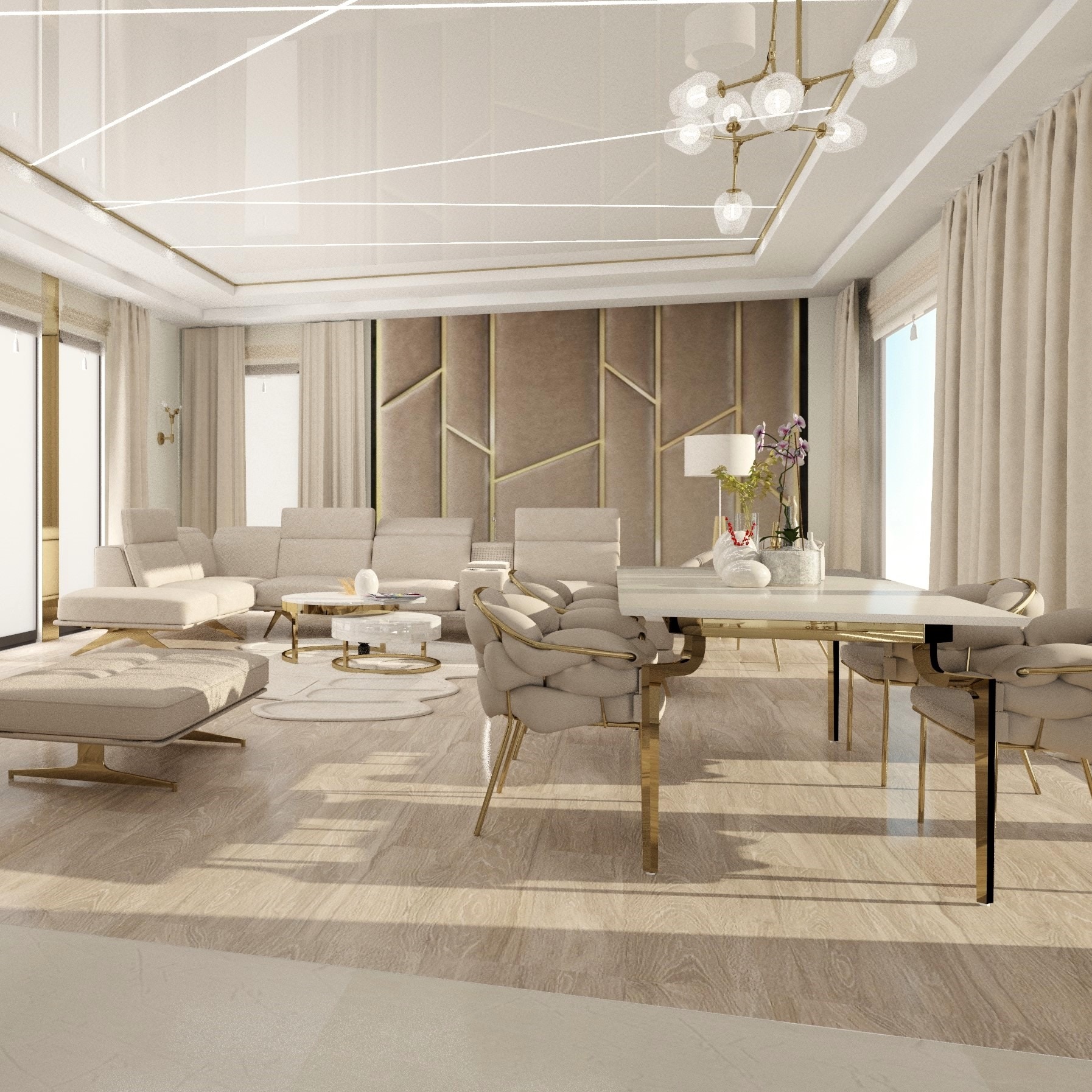 Eleganckie wnętrze salonu z jadalnią w odcieniach beżu i złota, z sofą narożną, stolikami kawowymi, stołem jadalnym i krzesłami z plecionymi oparciami, oświetlone dekoracyjną lampą sufitową.
