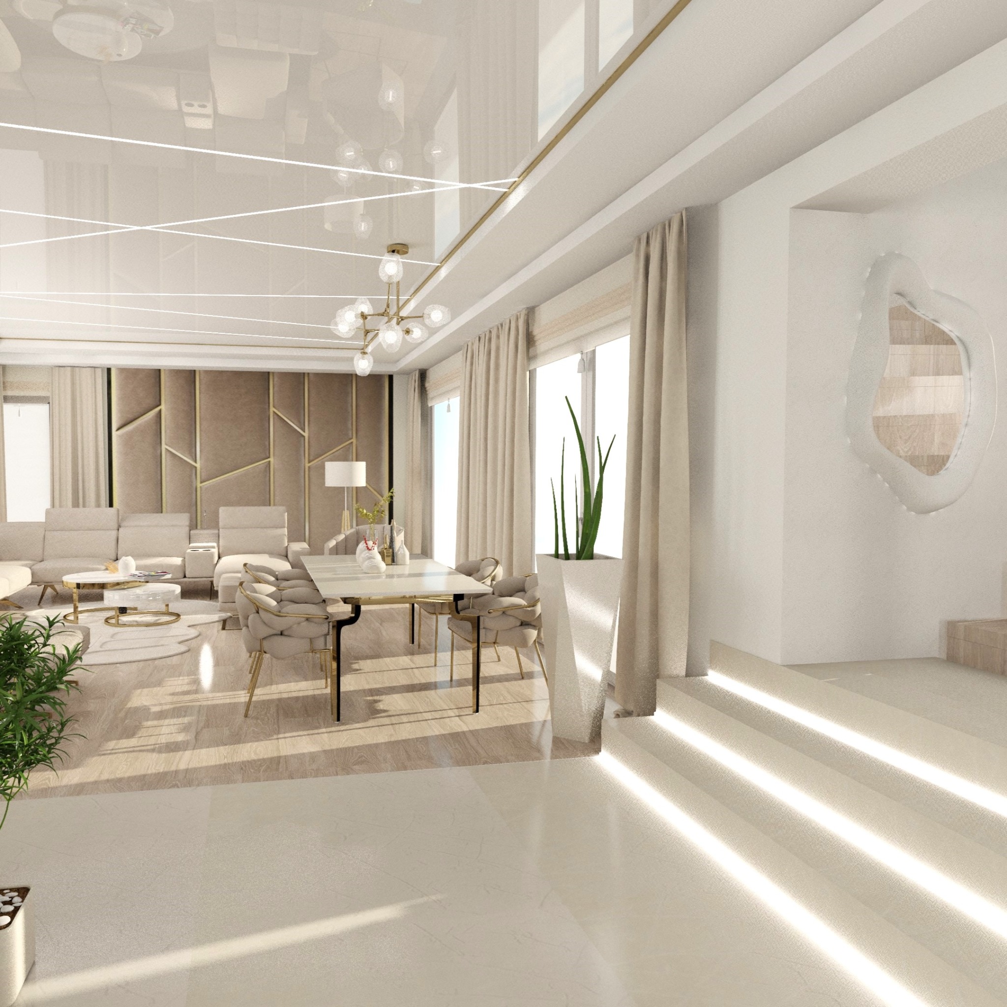 Eleganckie wnętrze salonu z jadalnią w odcieniach beżu i złota, z sofą, stolikami kawowymi, stołem jadalnianym z krzesłami, oświetleniem sufitowym i roślinami doniczkowymi, podkreślone błyszczącym...