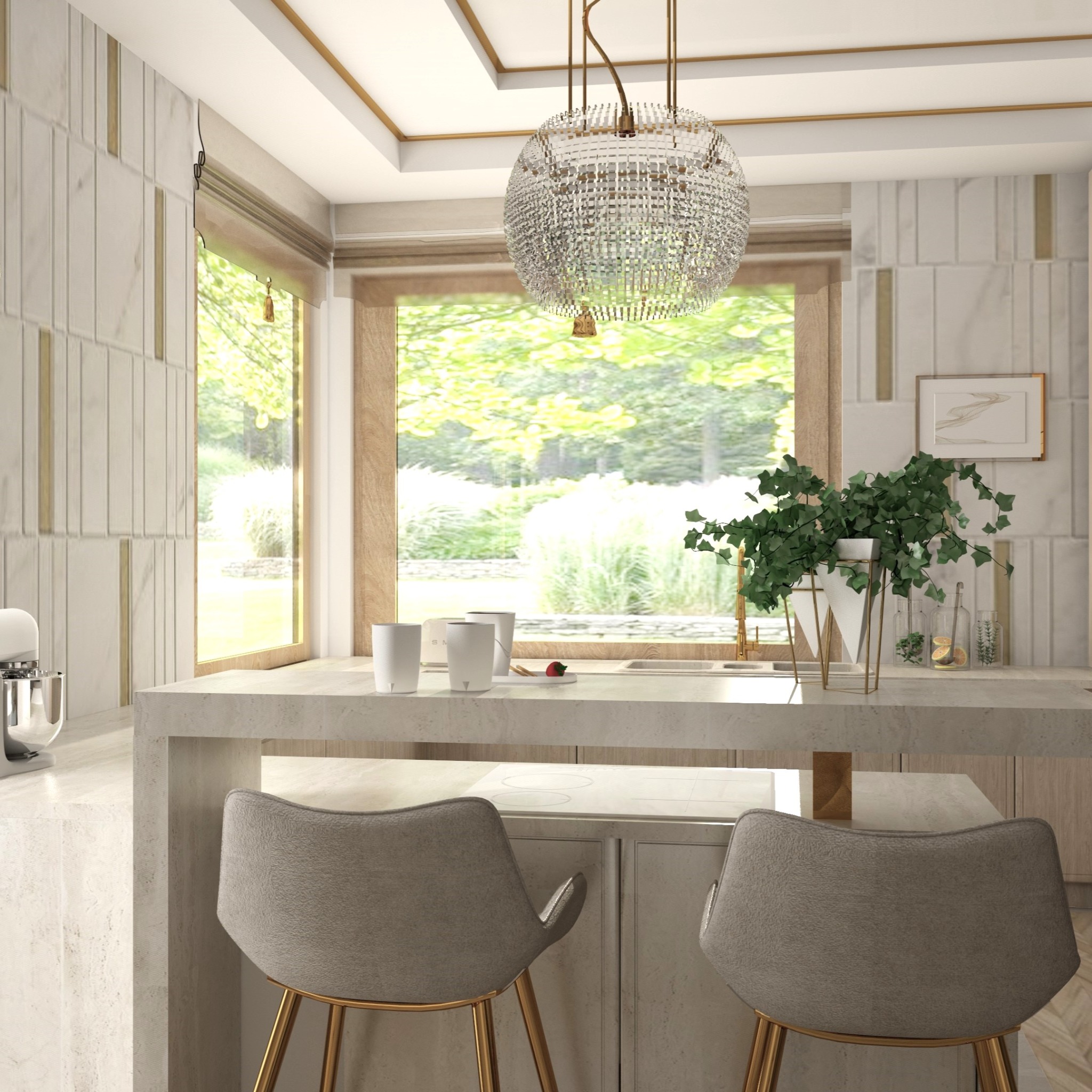 Jasna kuchnia w stylu minimalistycznym z marmurowymi ścianami i wyspą, nad którą wisi ozdobny żyrandol. Za oknem widok na zieleń.