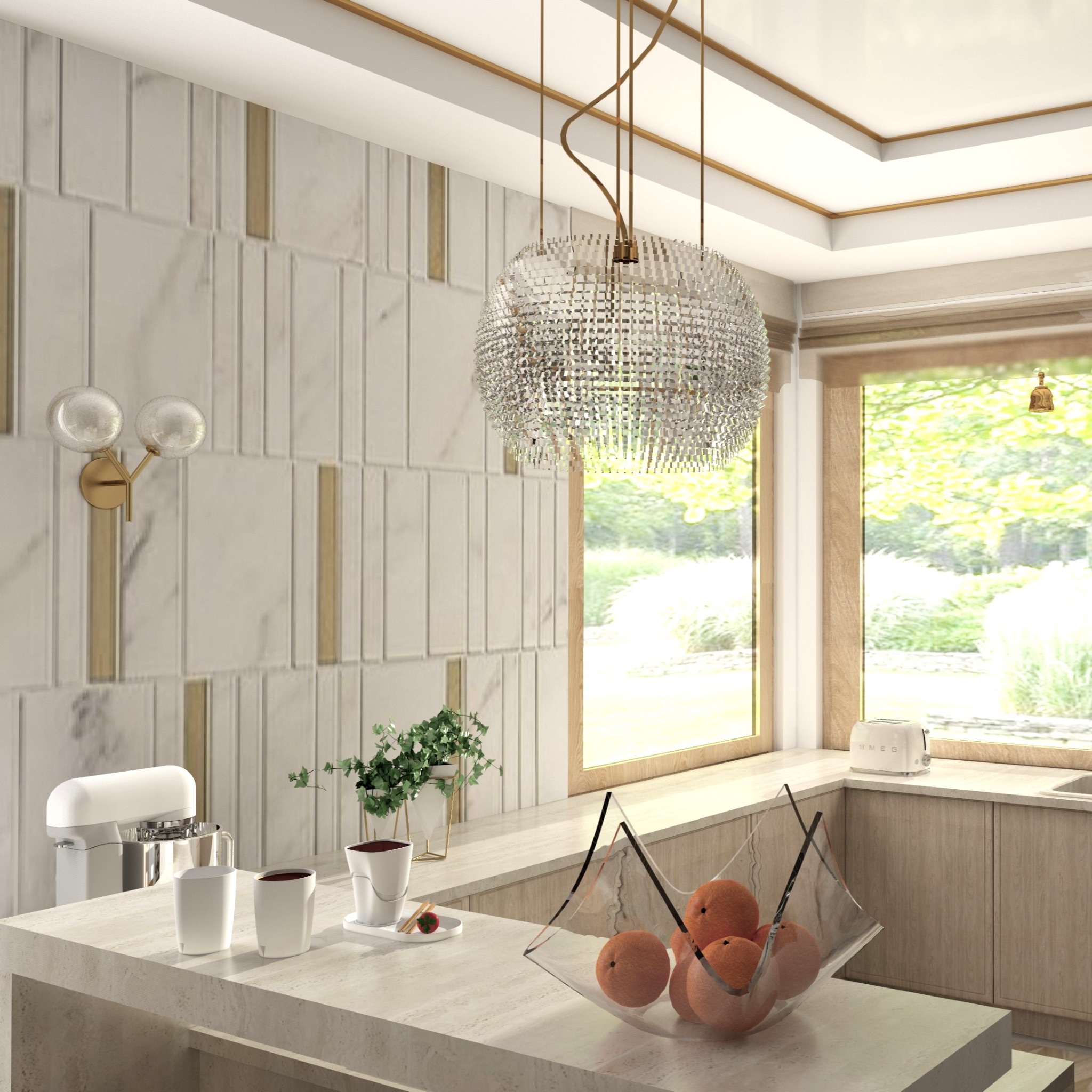 Kuchenne wnętrze z marmurową ścianą, kryształowym żyrandolem, białym mikserem stojącym i owocami w szklanej misie na blacie.