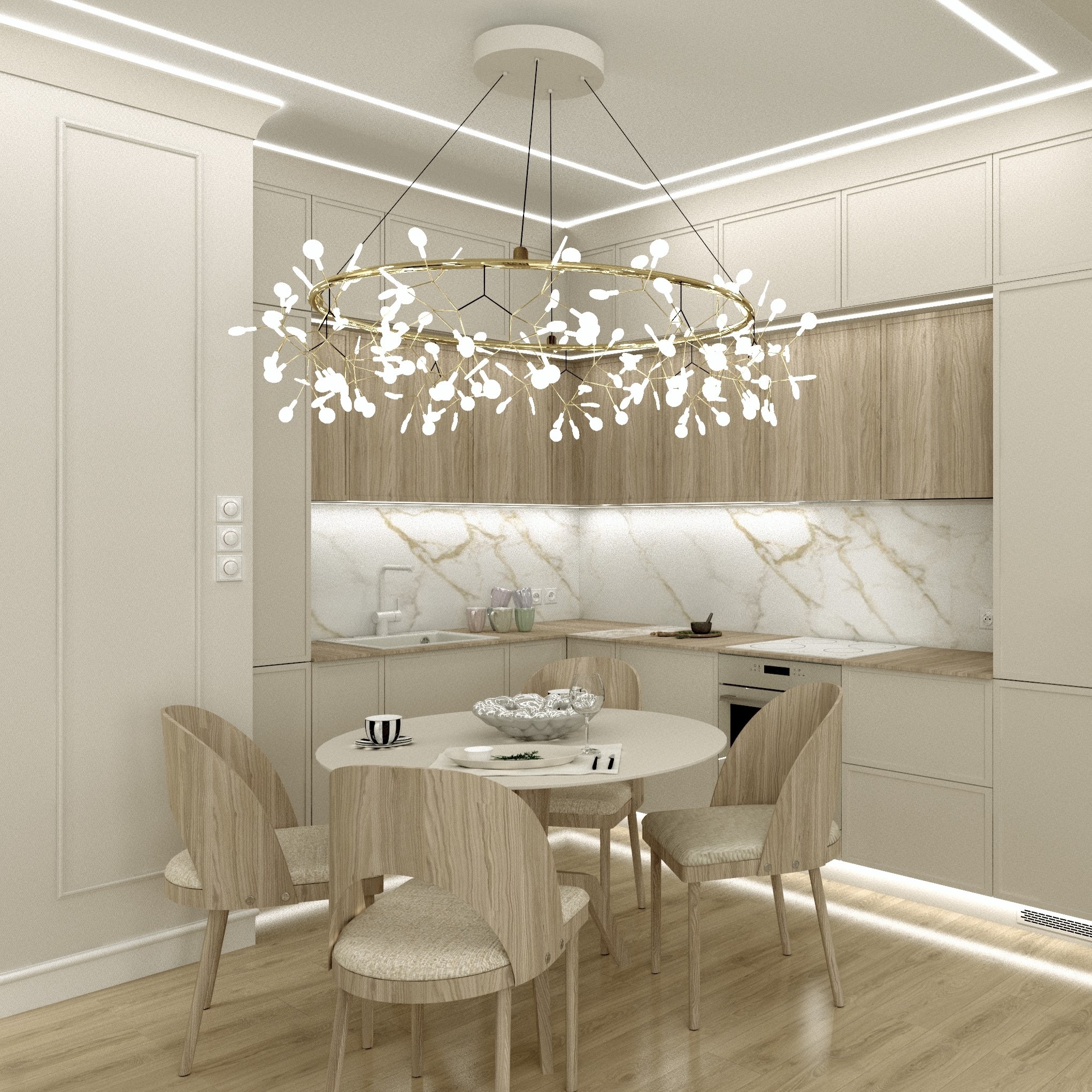 Jasna kuchnia z okrągłym stołem i krzesłami z jasnego drewna, nad stołem designerski żyrandol z białymi kulkami, marmurowy backsplash, oświetlenie LED pod szafkami.