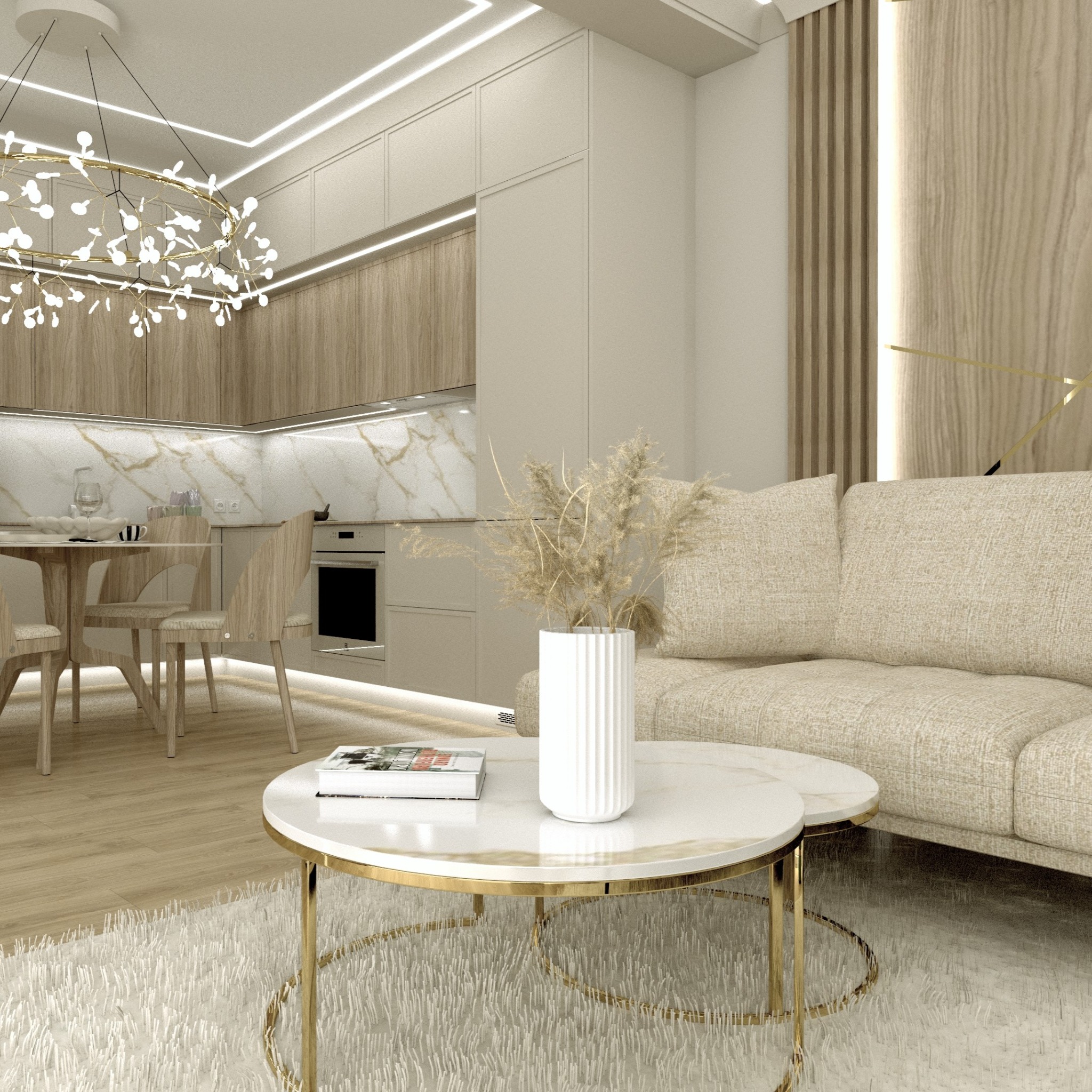 Jasne wnętrze salonu z aneksem kuchennym, okrągły stolik kawowy z marmurowym blatem i złotymi nogami, puszysty dywan, beżowa sofa i dekoracyjny wazon z suszonymi trawami.