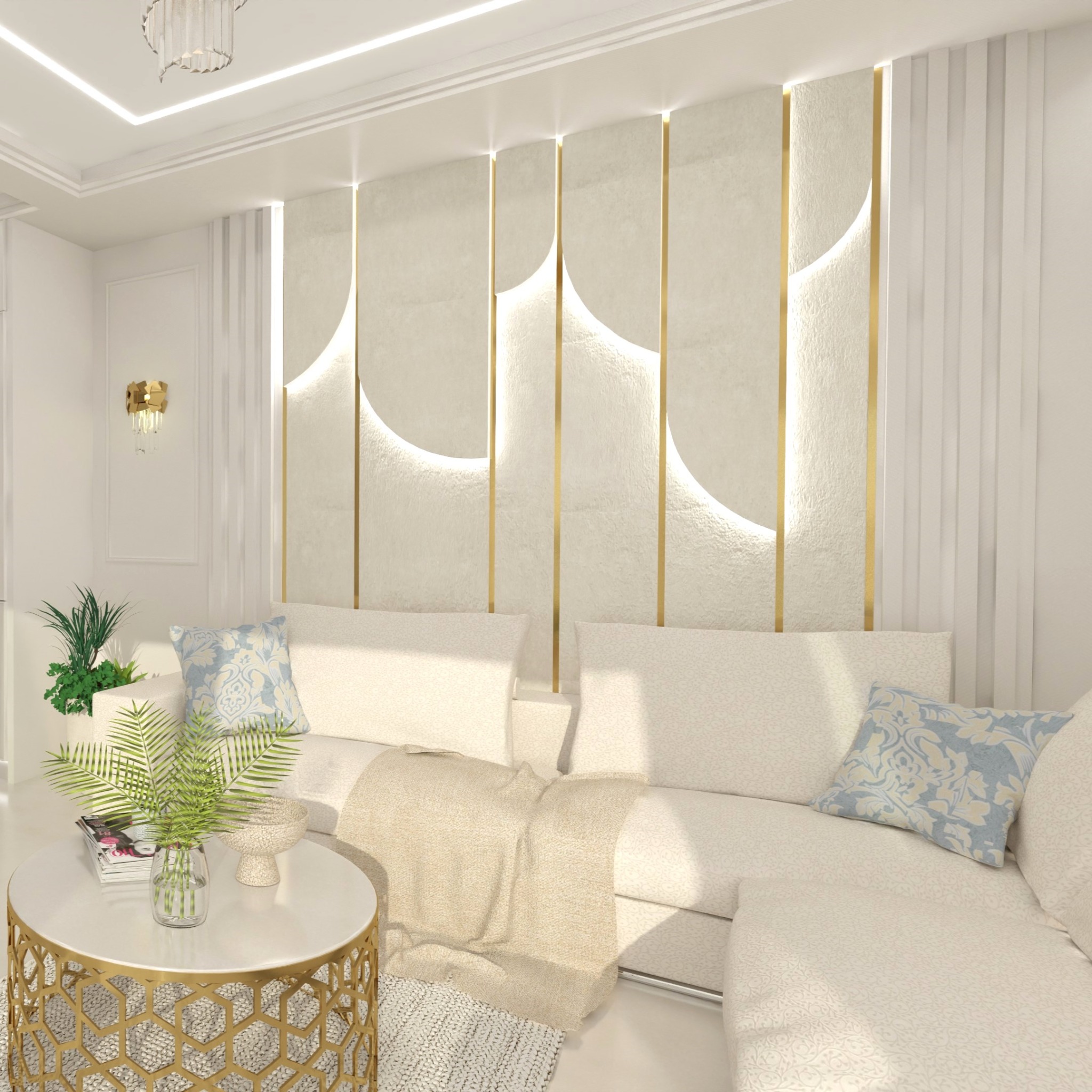 Elegancki salon w odcieniach bieli i złota z dekoracyjnym panelem ściennym, okrągłym stolikiem kawowym z geometryczną podstawą i roślinami doniczkowymi.