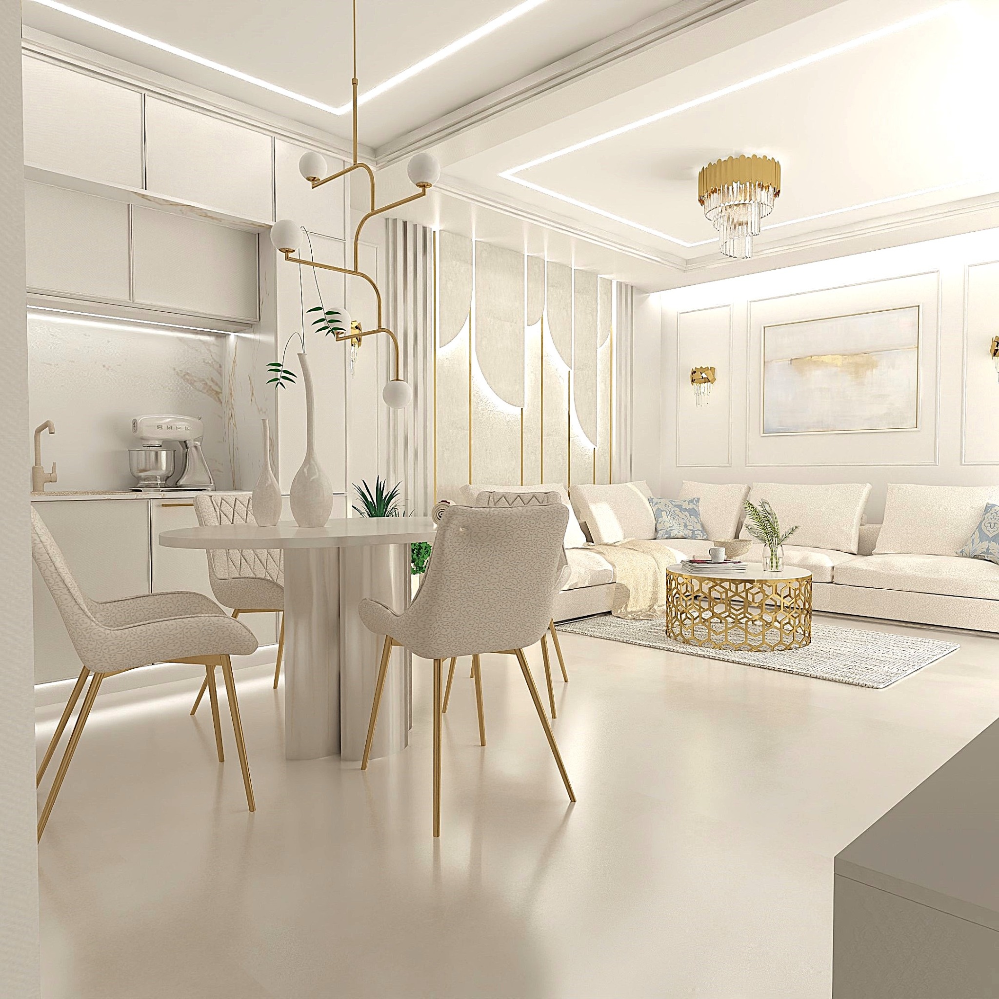 Jasne, przestronne wnętrze mieszkania z aneksem kuchennym, okrągłym stołem z krzesłami na złotych nogach, oraz salonem z sofą i złotym stolikiem kawowym na tle dekoracyjnej ściany z podświetleniem...
