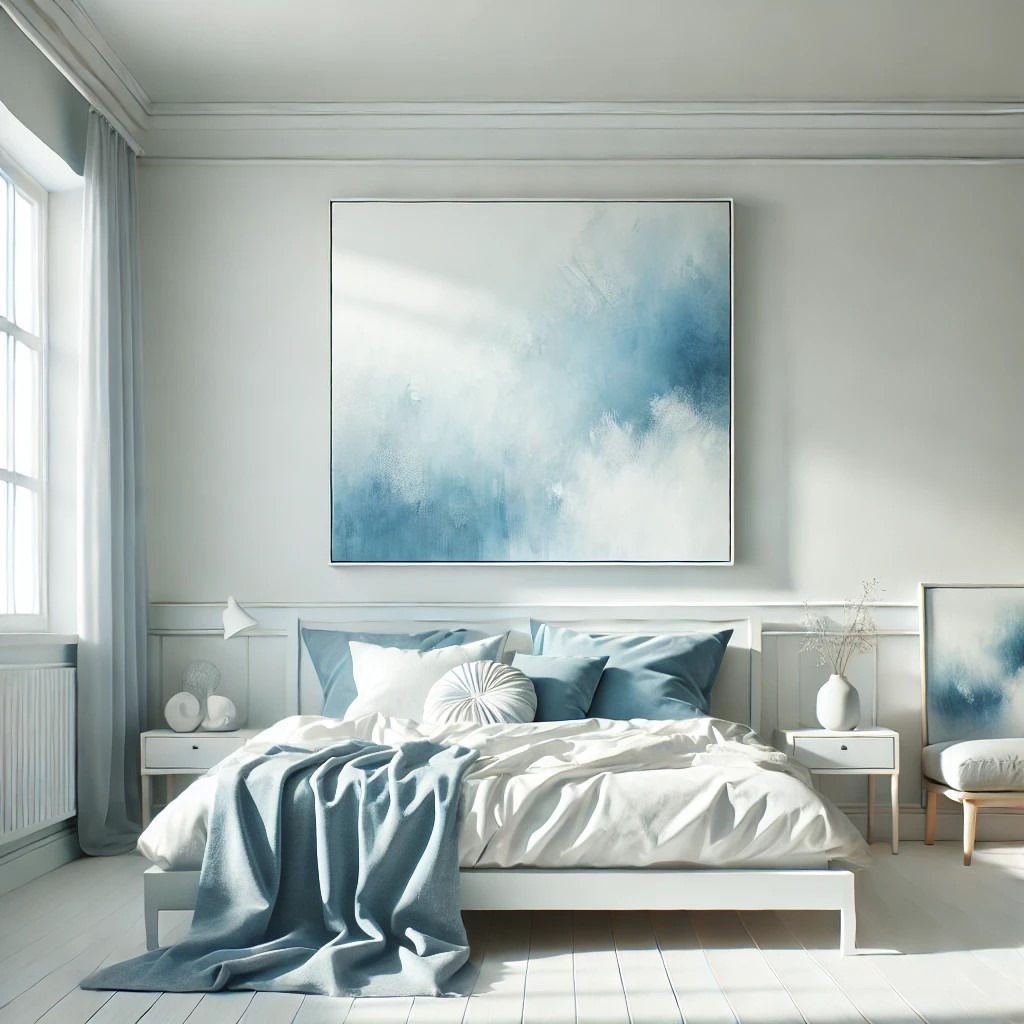 Jasna sypialnia z białymi ścianami, łóżkiem z niebieskimi poduszkami i abstrakcyjnym obrazem w odcieniach błękitu nad wezgłowiem.