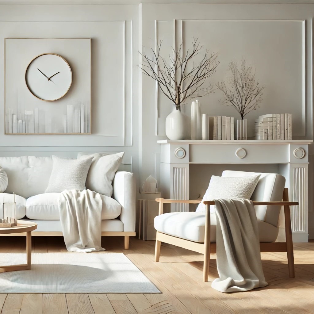 Jasny salon w stylu minimalistycznym: biała sofa z poduszkami i pledem, fotel z drewnianą ramą, kominek z dekoracjami, okrągły zegar na ścianie, drewniana podłoga.