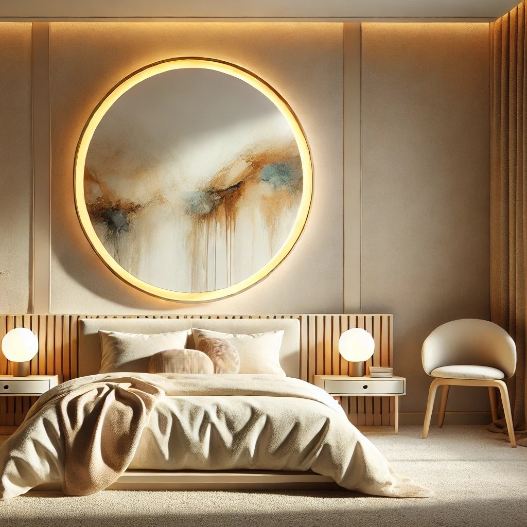 Elegancka sypialnia w beżach z okrągłym, podświetlanym lustrem nad łóżkiem, lampkami nocnymi w kształcie kul i krzesłem obok, całość w ciepłym oświetleniu.