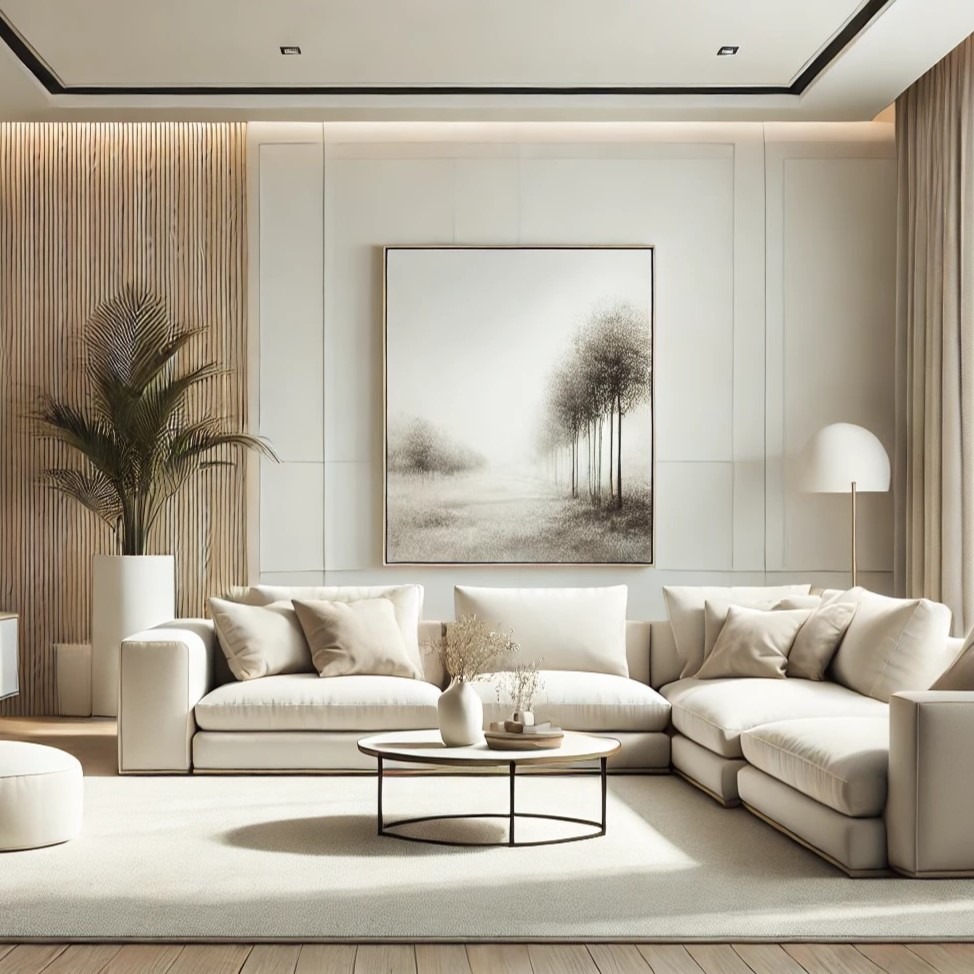 Jasny salon w minimalistycznym stylu z narożną sofą, okrągłym stolikiem kawowym i obrazem z motywem drzew w stonowanych barwach.