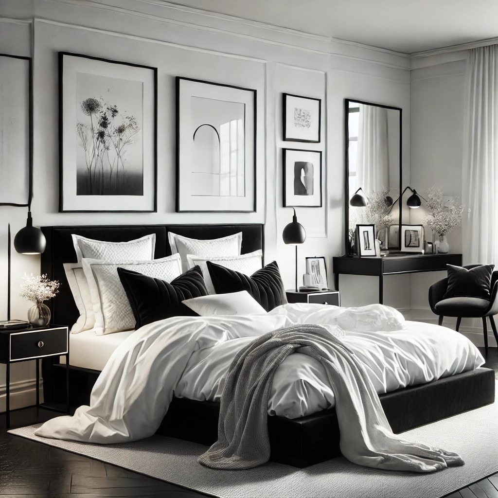 Elegancka sypialnia w czarno-białej tonacji z dużym łóżkiem, dekoracyjnymi poduszkami, minimalistycznymi grafikami na ścianie i toaletką z lustrem.