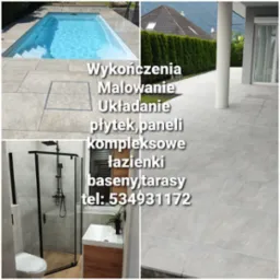 Mozaika zdjęć: basen z jasnymi płytkami, taras z szarym gresem, minimalistyczna łazienka z czarną kabiną prysznicową i umywalką na drewnianej szafce.