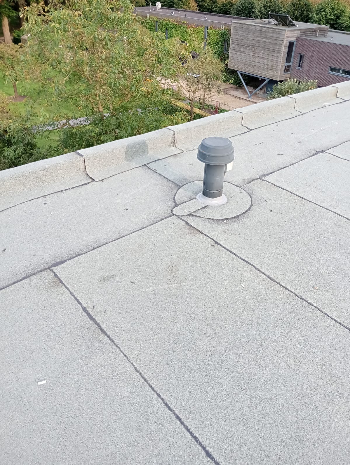 Płaski dach pokryty papą z widocznym kominkiem wentylacyjnym i fragmentem obróbki blacharskiej przy krawędzi, w tle budynek z drewnianą elewacją i zieleń.