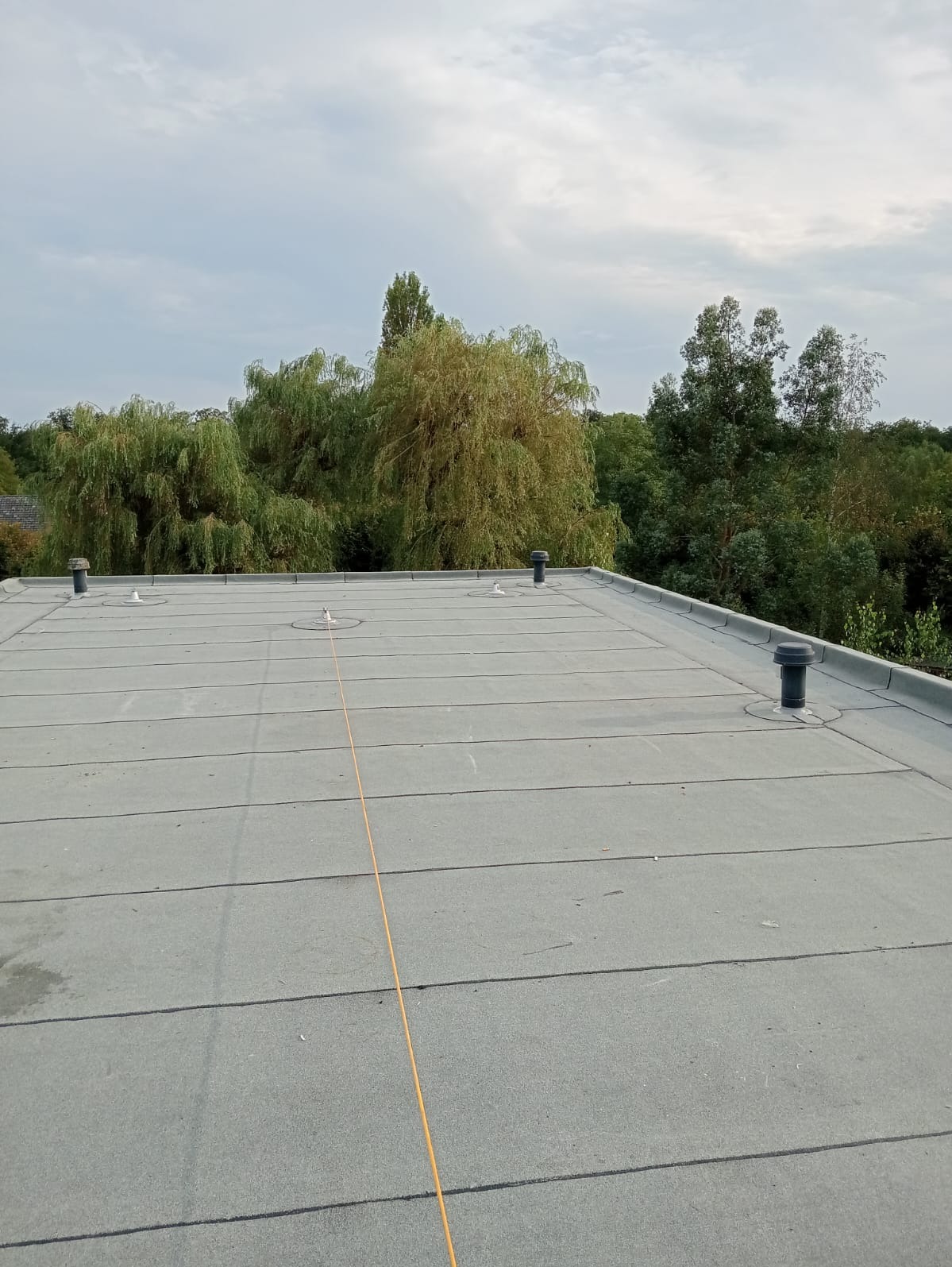 Płaski dach pokryty papą termozgrzewalną z widocznymi kominkami wentylacyjnymi i linką zabezpieczającą na tle zieleni drzew.