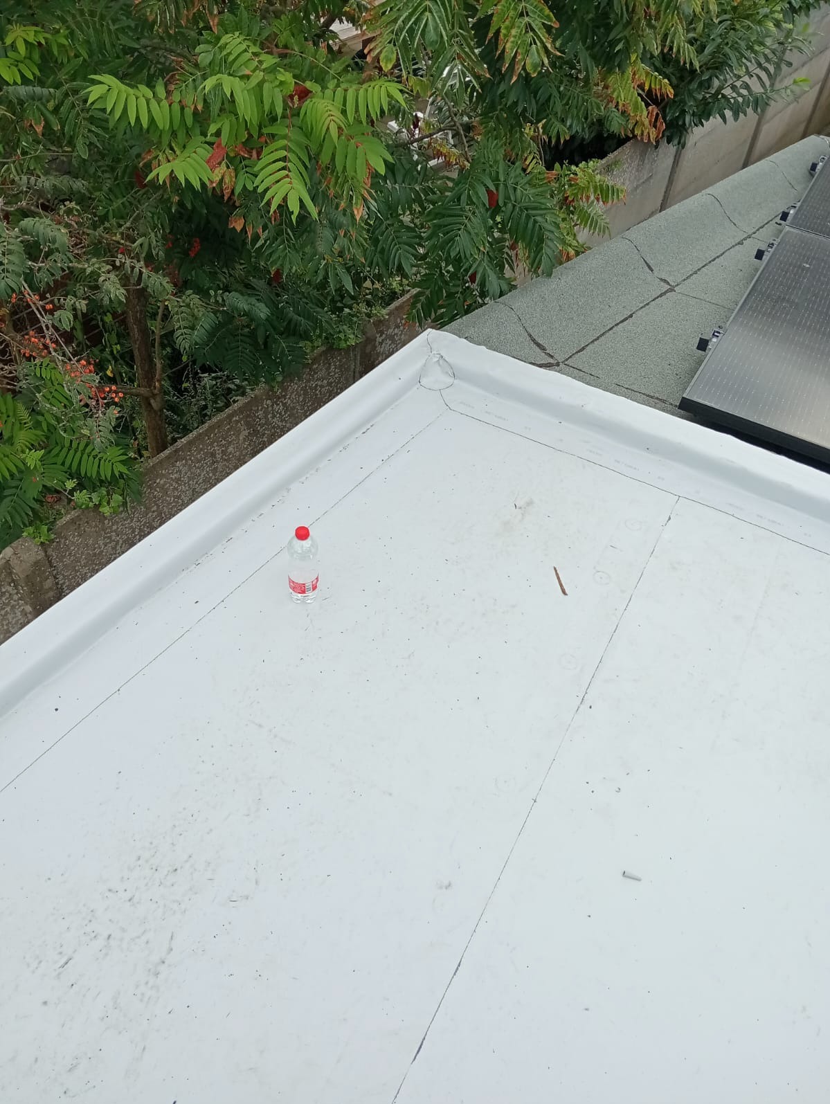 Biały, płaski dach z folii PVC z butelką wody i niedopałkiem papierosa, widok z góry na tle zieleni i paneli słonecznych.