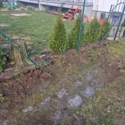 KWS - Przygotowanie terenu pod nowe ogrodzenie: wykopany rów wzdłuż żywopłotu z tui, widoczne słupki metalowe i fragment istniejącego ogrodzenia z kutego żelaza w tle.