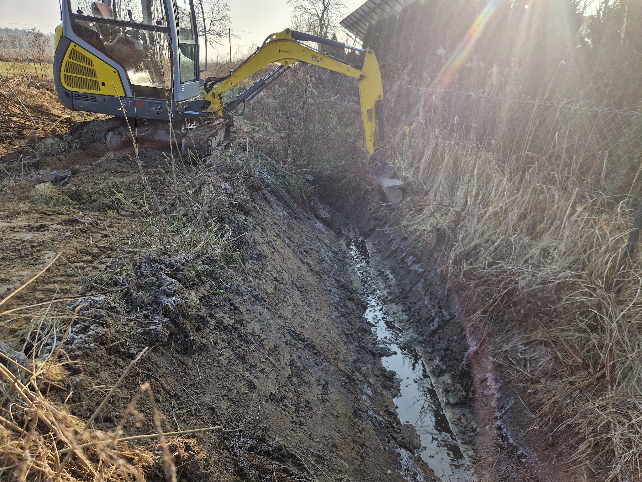 Żółta mini koparka w trakcie wykopywania rowu melioracyjnego na działce, widoczna ziemia, woda i trawa, w tle ogrodzenie z siatki i drzewa, ostre światło słoneczne.