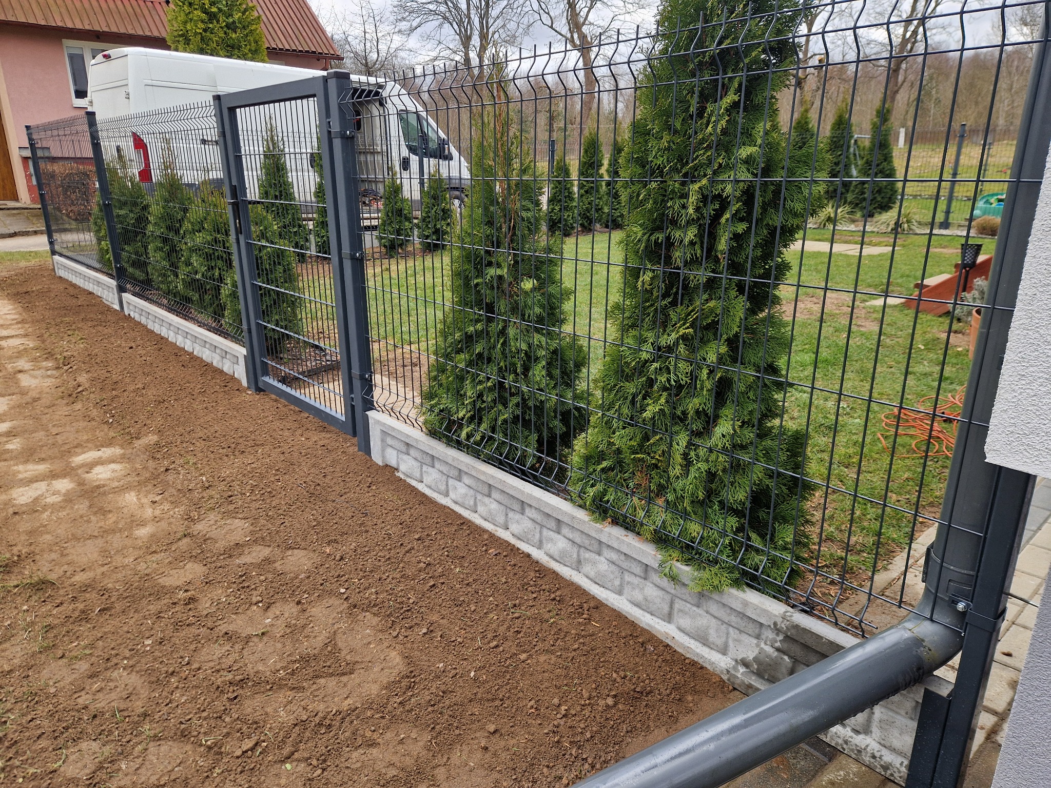 Nowoczesne ogrodzenie panelowe z podmurówką betonową, widok z zewnątrz, świeżo wyrównana ziemia, rząd tujek wzdłuż ogrodzenia, biały bus w tle.