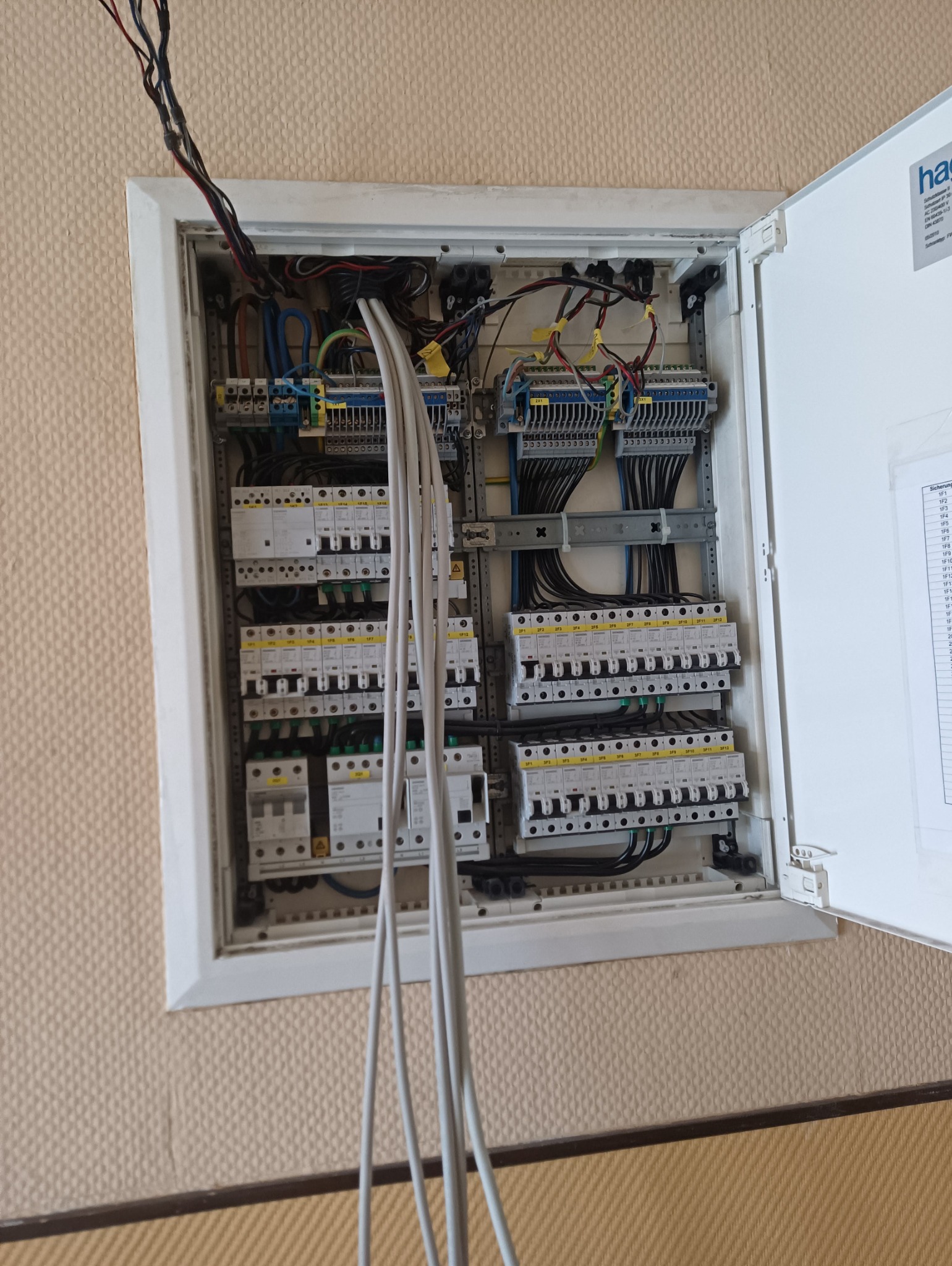 Otwarta skrzynka elektryczna z widocznymi bezpiecznikami, listwami zaciskowymi i przewodami, wystającymi szarymi kablami na tle ściany z teksturą.