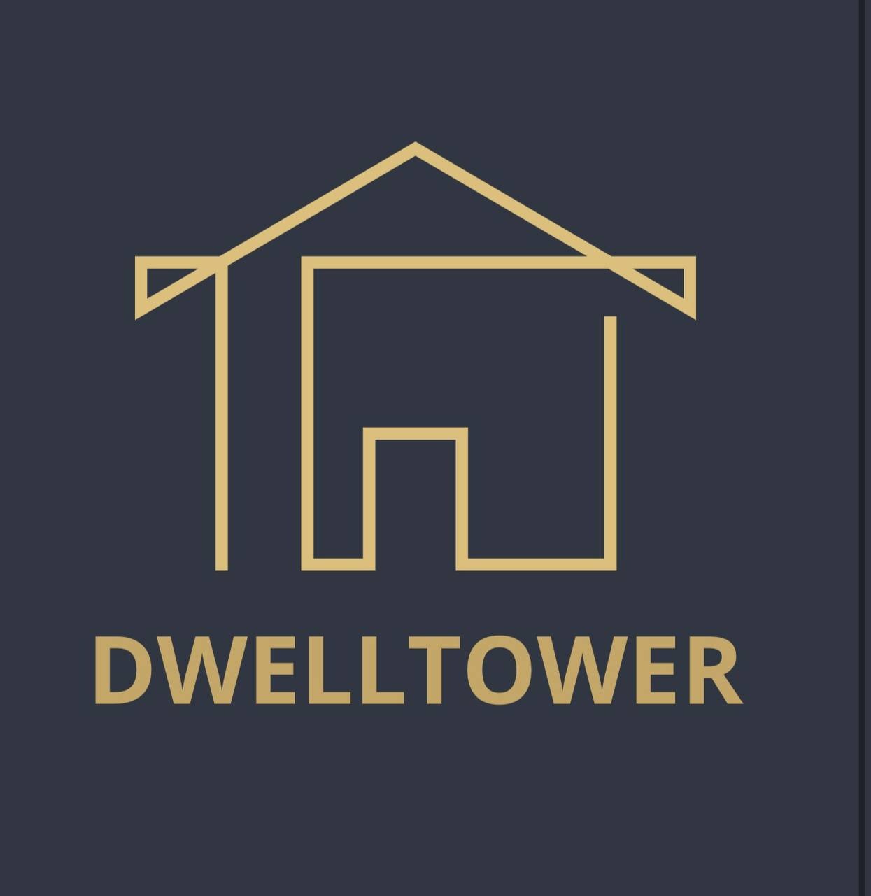 Minimalistyczne logo firmy budowlanej Dwelltower przedstawiające uproszczony zarys domu w kolorze złotym na ciemnogranatowym tle.