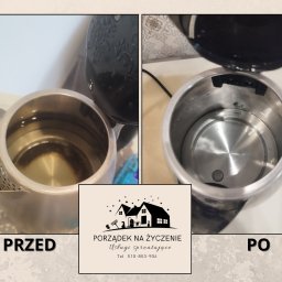 Porządek na Życzenie Anna Piesik - Porównanie wnętrza czajnika elektrycznego przed i po czyszczeniu, prezentujące usunięcie osadu i kamienia, z widocznym logo firmy sprzątającej pośrodku.