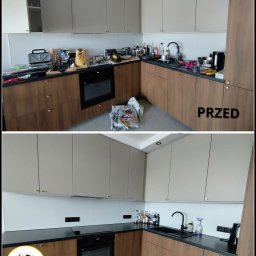 Porządek na Życzenie Anna Piesik - Zdjęcie typu 'przed i po' przedstawia metamorfozę kuchni: górne zdjęcie pokazuje bałagan na blacie, naczynia w zlewie i torbę na podłodze, dolne zdjęcie ukazuje tę samą kuchnię po posprzątaniu,...