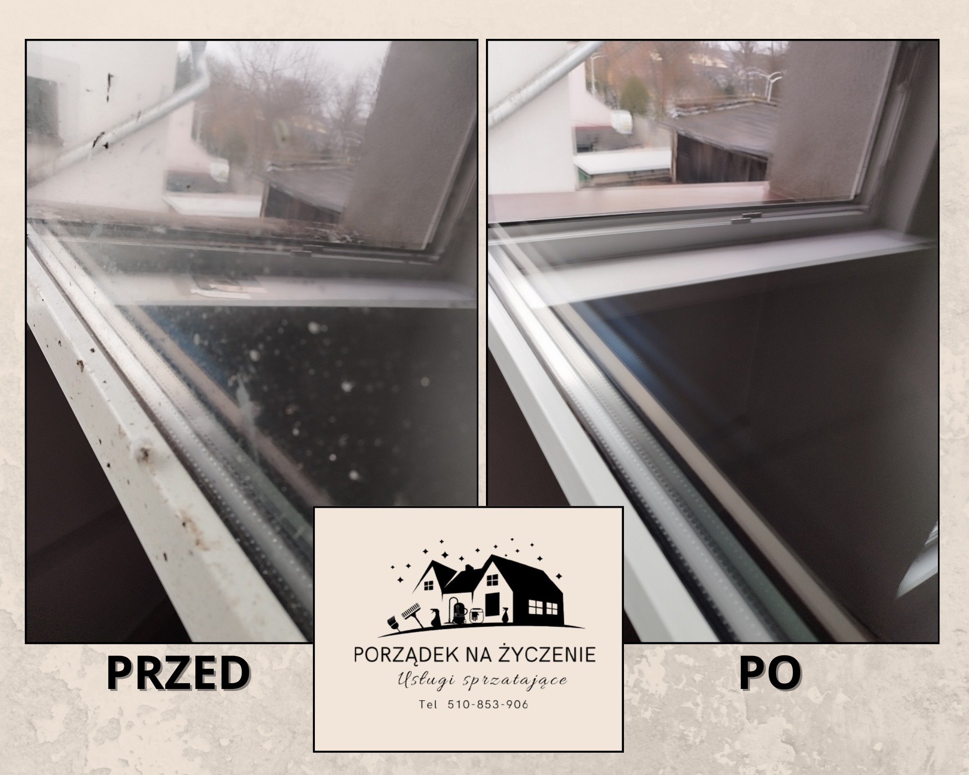 Porównanie okna przed i po umyciu, widoczne różnice w czystości ramy i szyby, z logo firmy sprzątającej pośrodku