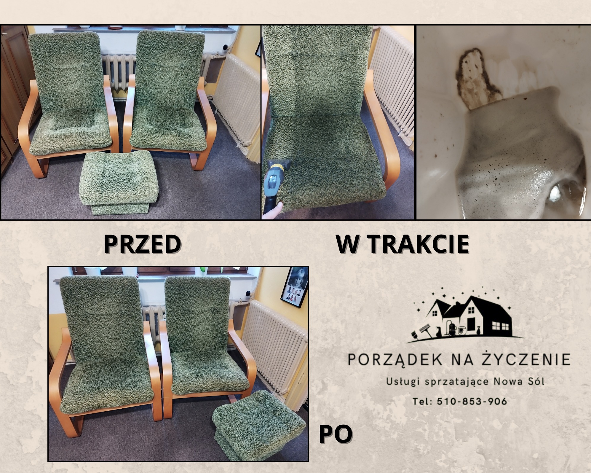 Kolaż zdjęć prezentujący dwa zielone fotele z podnóżkiem przed, w trakcie i po procesie czyszczenia tapicerki, z widocznymi efektami pracy i logo firmy sprzątającej.