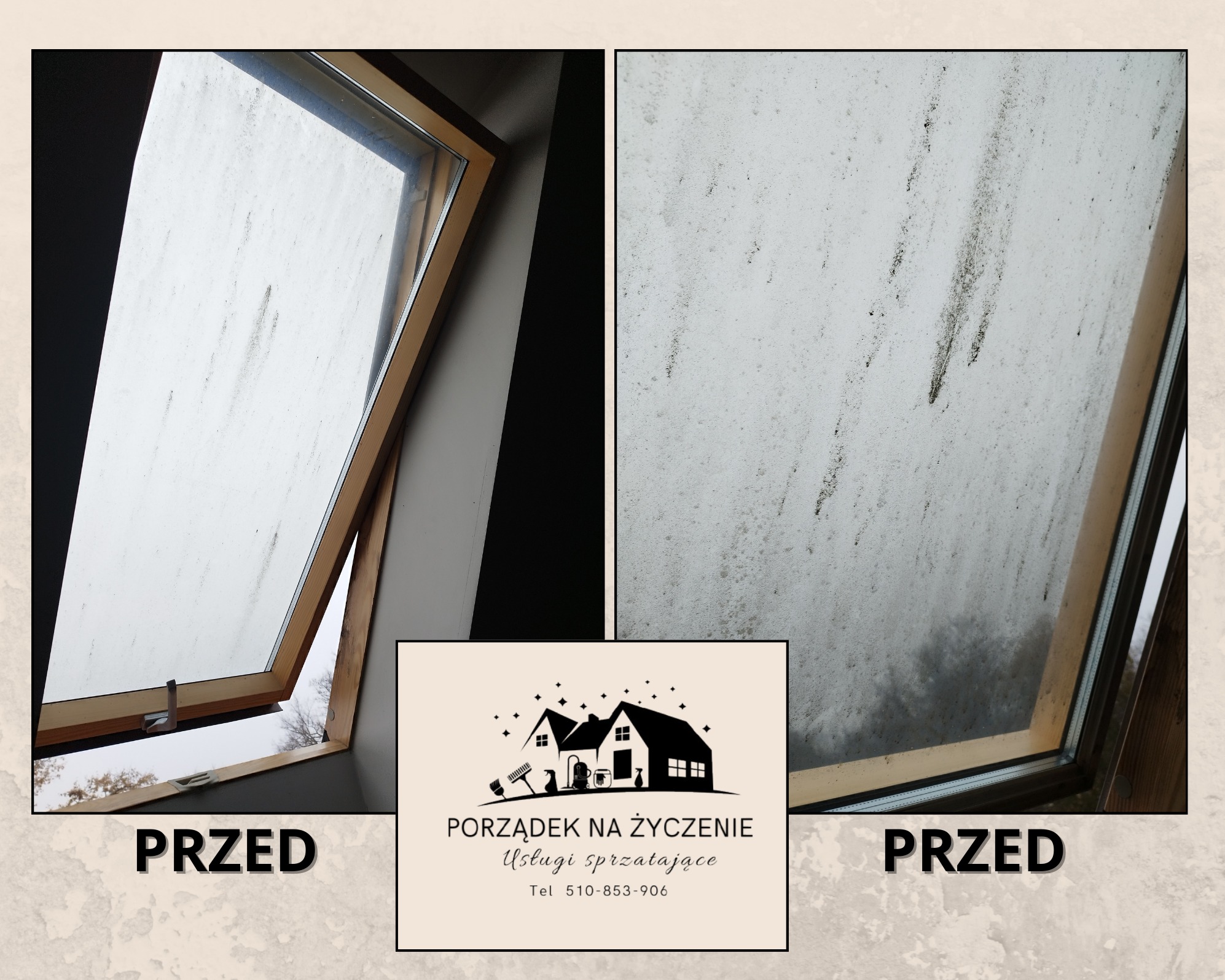 Porównanie stanu okna dachowego PRZED czyszczeniem: po lewej stronie okno z drewnianą ramą, otwarte, z widocznymi smugami i zabrudzeniami; po prawej zbliżenie na brudną szybę okienną; na dole logo...