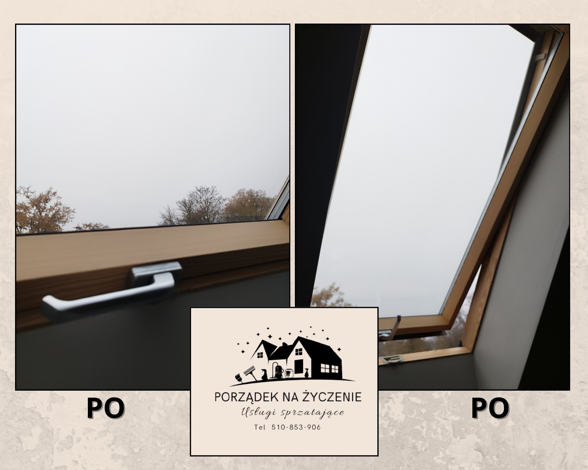 Porównanie okna dachowego przed i po umyciu, z widocznym logo firmy sprzątającej 'Porządek na Życzenie' i widokiem na pochmurne niebo z drzewami.