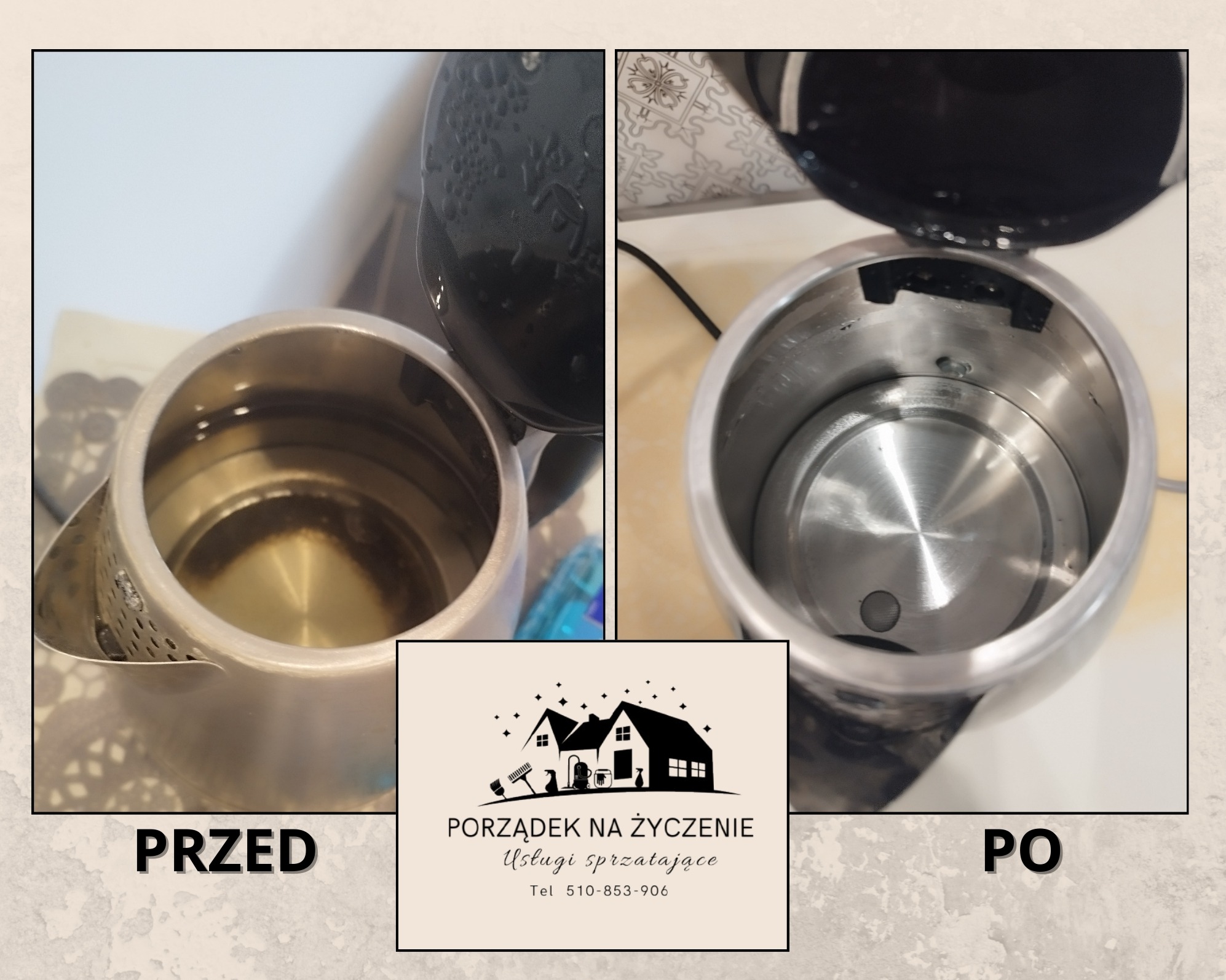 Porównanie wnętrza czajnika elektrycznego przed i po czyszczeniu, prezentujące usunięcie osadu i kamienia, z widocznym logo firmy sprzątającej pośrodku.