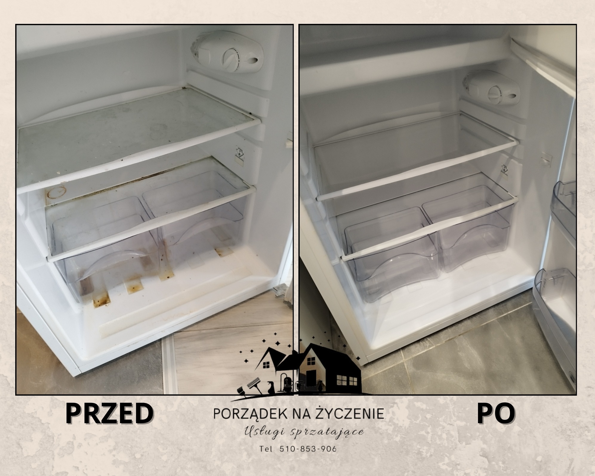 Zdjęcie porównawcze wnętrza lodówki przed i po czyszczeniu, z widocznymi zabrudzeniami na półkach i pojemnikach przed oraz czystością po usunięciu brudu.
