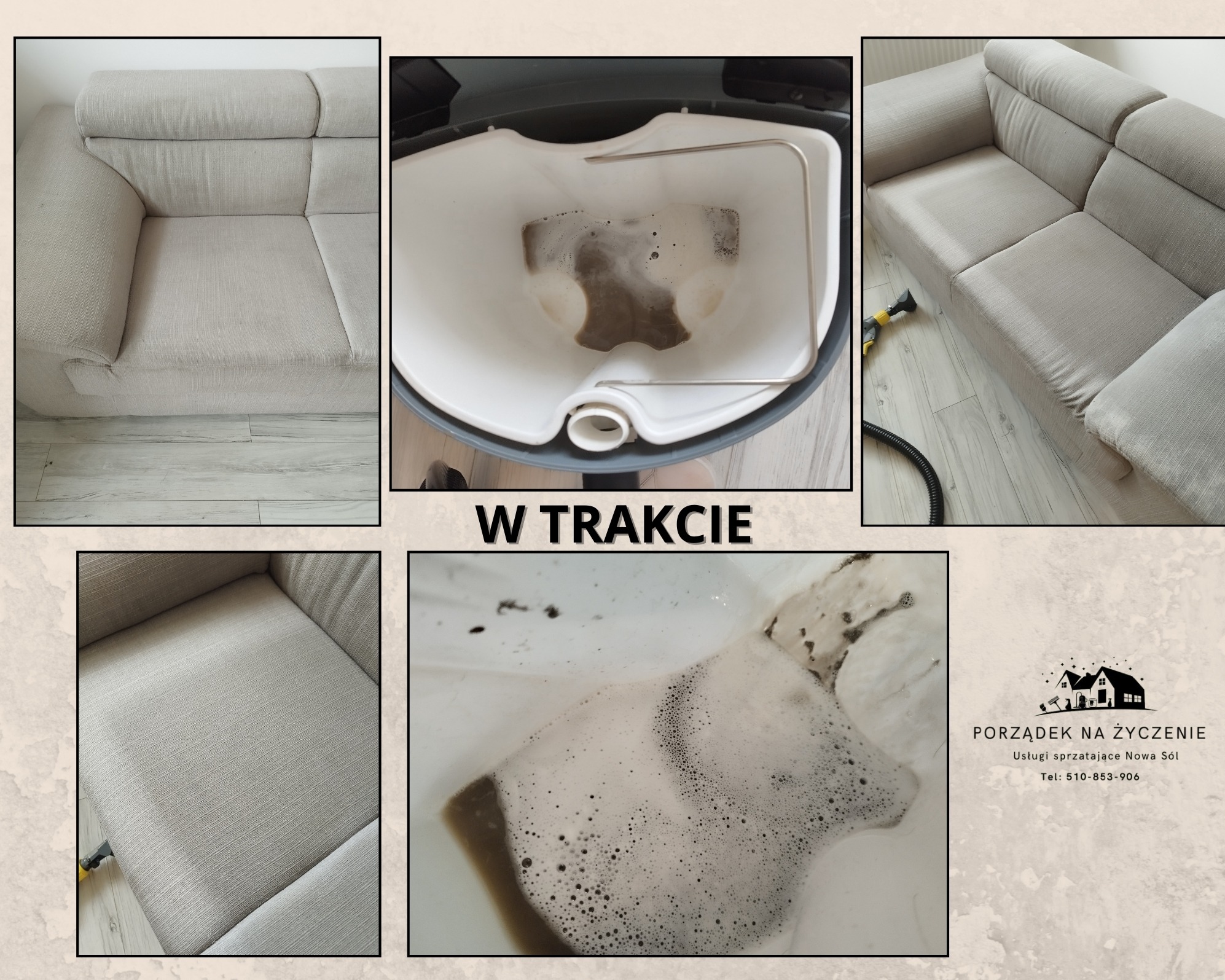 Sofa z jasną tapicerką w trakcie czyszczenia, widoczny odkurzacz piorący i zbiornik z brudną wodą po praniu. Na dole po prawej logo firmy sprzątającej Porządek na życzenie z Nowej Soli.