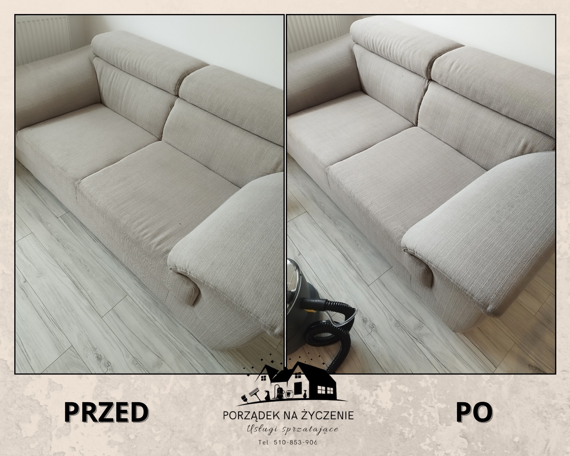 Beżowa kanapa przed i po czyszczeniu, widoczna różnica w odcieniu i usunięte zabrudzenia, na podłodze panele imitujące drewno, obok odkurzacz piorący.