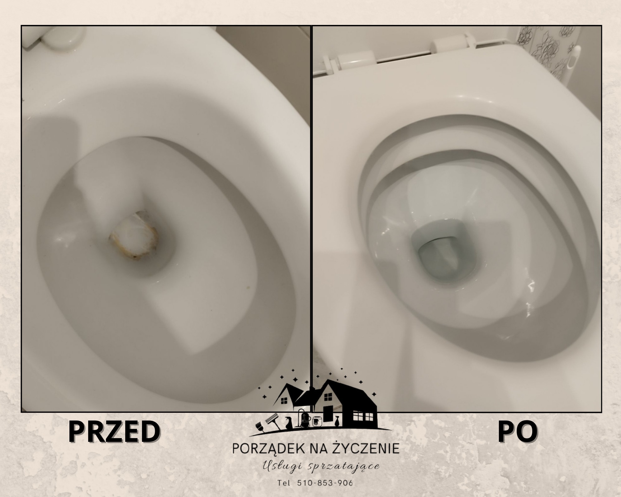 Porównanie stanu toalety przed i po czyszczeniu: po lewej muszla z widocznymi zabrudzeniami, po prawej czysta, biała muszla. Na dole widoczny logotyp firmy sprzątającej.