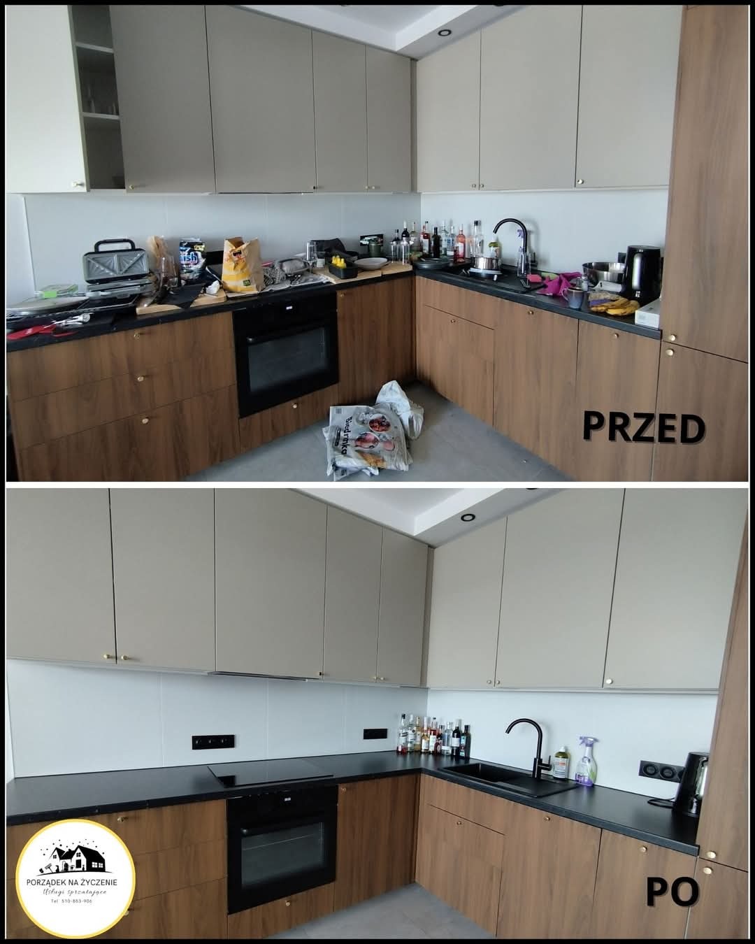 Zdjęcie typu 'przed i po' przedstawia metamorfozę kuchni: górne zdjęcie pokazuje bałagan na blacie, naczynia w zlewie i torbę na podłodze, dolne zdjęcie ukazuje tę samą kuchnię po posprzątaniu,...