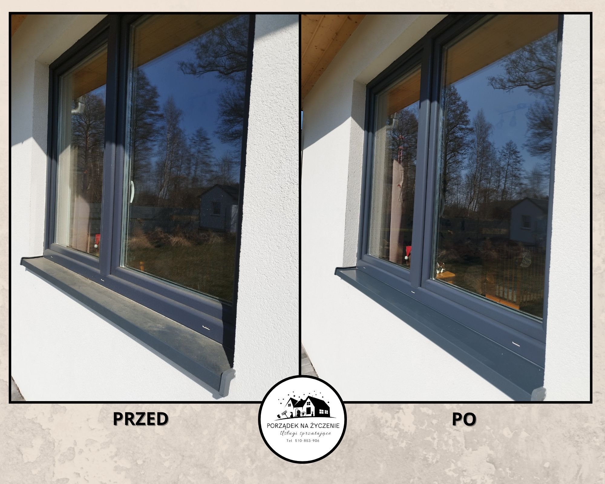 Porównanie okna przed i po umyciu, widoczna różnica w czystości szyby i parapetu zewnętrznego, refleksy drzew na czystej szybie.