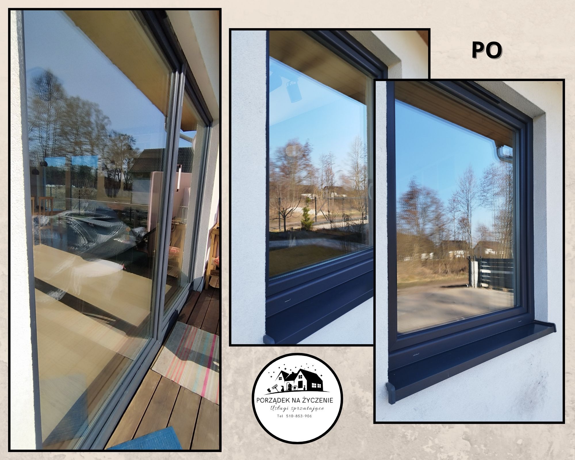 Zestawienie trzech ujęć okien po umyciu: przesuwne okno balkonowe z widokiem na taras i ogród, okno z widokiem na podjazd i dom, oraz okno z widokiem na ogród, wszystkie z czystymi szybami...