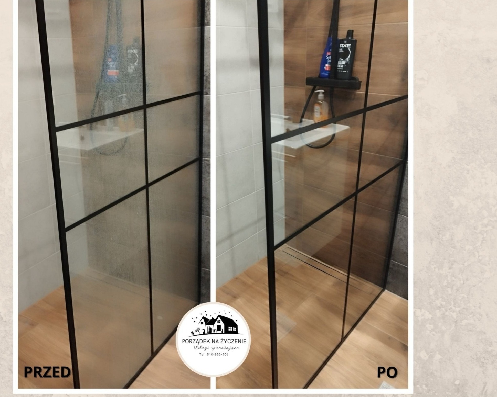 Porównanie stanu kabiny prysznicowej przed i po czyszczeniu: po lewej stronie zacieki i osad, po prawej lśniąca czystość, widoczne butelki z kosmetykami na półce.