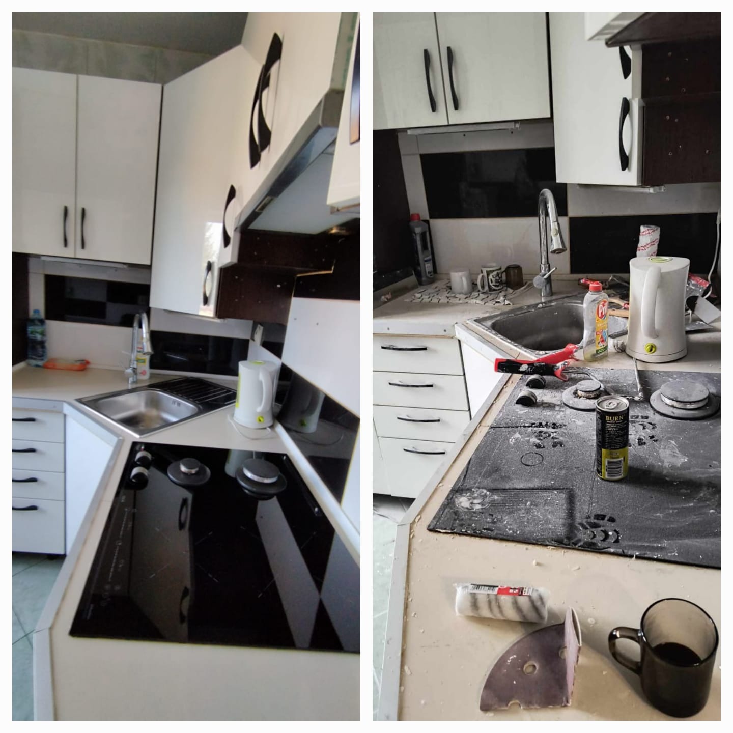 Porównanie stanu kuchni przed i po: po lewej czysta, biała zabudowa z czarną płytą grzewczą i czajnikiem, po prawej bałagan po remoncie, resztki materiałów budowlanych, puszka napoju energetycznego...