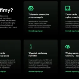 Graficzne przedstawienie usług detektywistycznych: zbieranie dowodów, zwalczanie cyberprzestępczości, sprawdzanie przeszłości, wywiad osobowy HUMINT, wykrywanie inwigilacji telefonu i komputera.