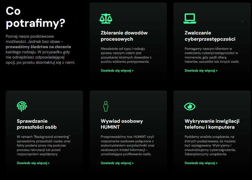 Graficzne przedstawienie usług detektywistycznych: zbieranie dowodów, zwalczanie cyberprzestępczości, sprawdzanie przeszłości, wywiad osobowy HUMINT, wykrywanie inwigilacji telefonu i komputera.