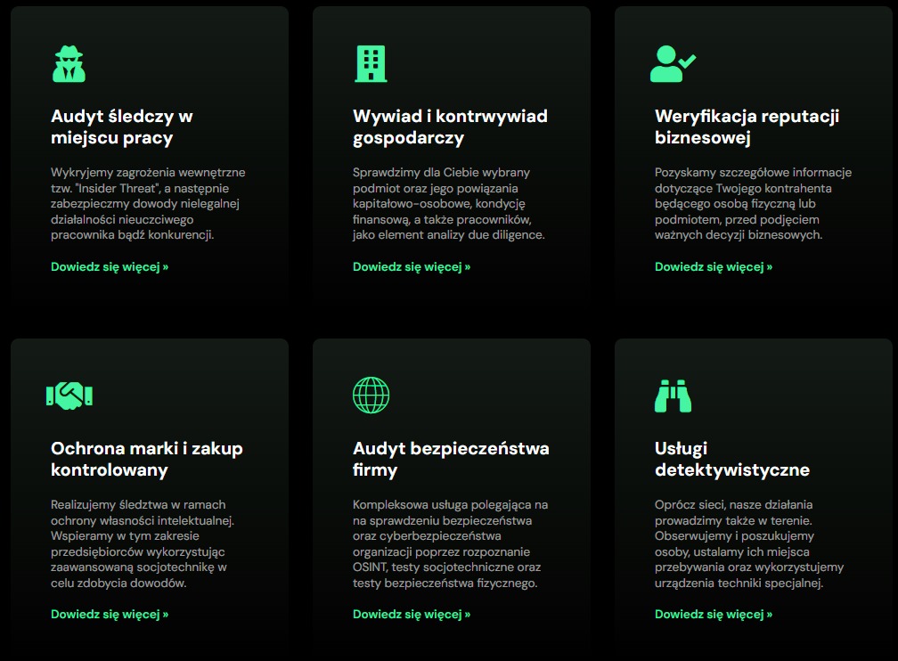 Graficzne przedstawienie usług detektywistycznych, w tym audyt śledczy, wywiad gospodarczy, weryfikacja reputacji, ochrona marki, audyt bezpieczeństwa, obserwacja i poszukiwanie osób.