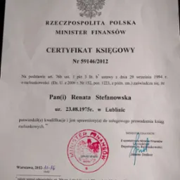 Skan certyfikatu księgowego wydanego przez Ministra Finansów Rzeczypospolitej Polskiej, numer 59146/2012, z pieczęcią i podpisem Dyrektora Departamentu Rachunkowości.