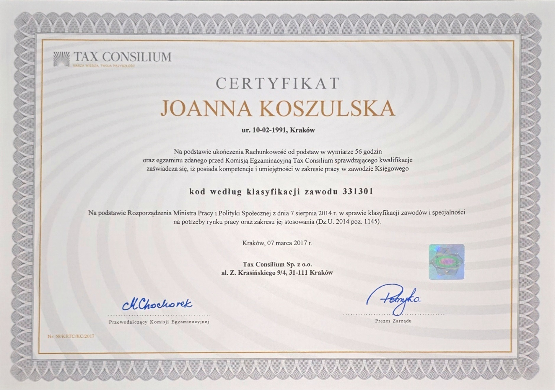 Certyfikat kod zawodu 331301