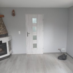 Bolesław - Pusty pokój z szarymi ścianami, kominkiem obłożonym kamieniem, jasnymi panelami podłogowymi i białą, przeszkloną stolarką drzwiową; widoczne niedokończone prace przy instalacji elektrycznej.