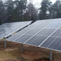 Dwa rzędy paneli słonecznych na metalowych wspornikach, zainstalowane na zewnątrz na trawiastym terenie, z lasem w tle w pochmurny dzień.